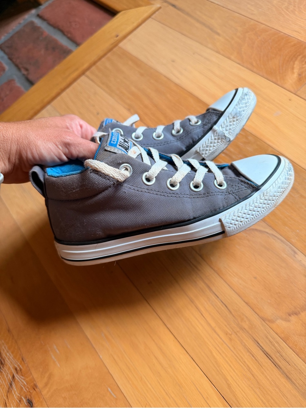 Kids Gray High-Top Converse All Stars with Blue Trim